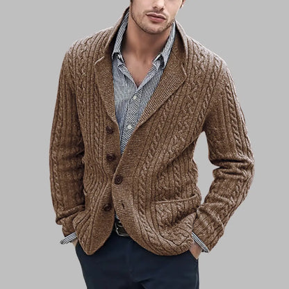 Autumn and winter new European and American men's long-sleeved knitted cardigan single-breasted pocket twisted suit collar casual men's sweater  NowoczesnyPan