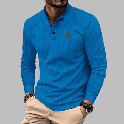 2024 Amazon Autumn Men's Cross-border New Youth Waffle Solid Color Button Lapel Long Sleeve POLO Shirt  NowoczesnyPan