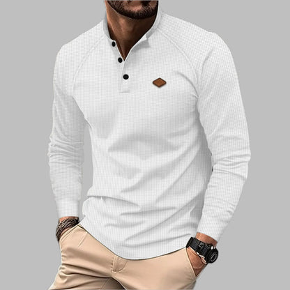 2024 Amazon Autumn Men's Cross-border New Youth Waffle Solid Color Button Lapel Long Sleeve POLO Shirt  NowoczesnyPan