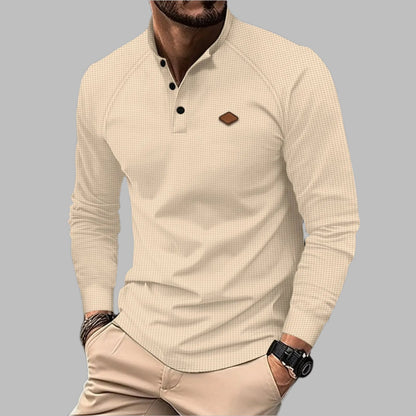 2024 Amazon Autumn Men's Cross-border New Youth Waffle Solid Color Button Lapel Long Sleeve POLO Shirt  NowoczesnyPan