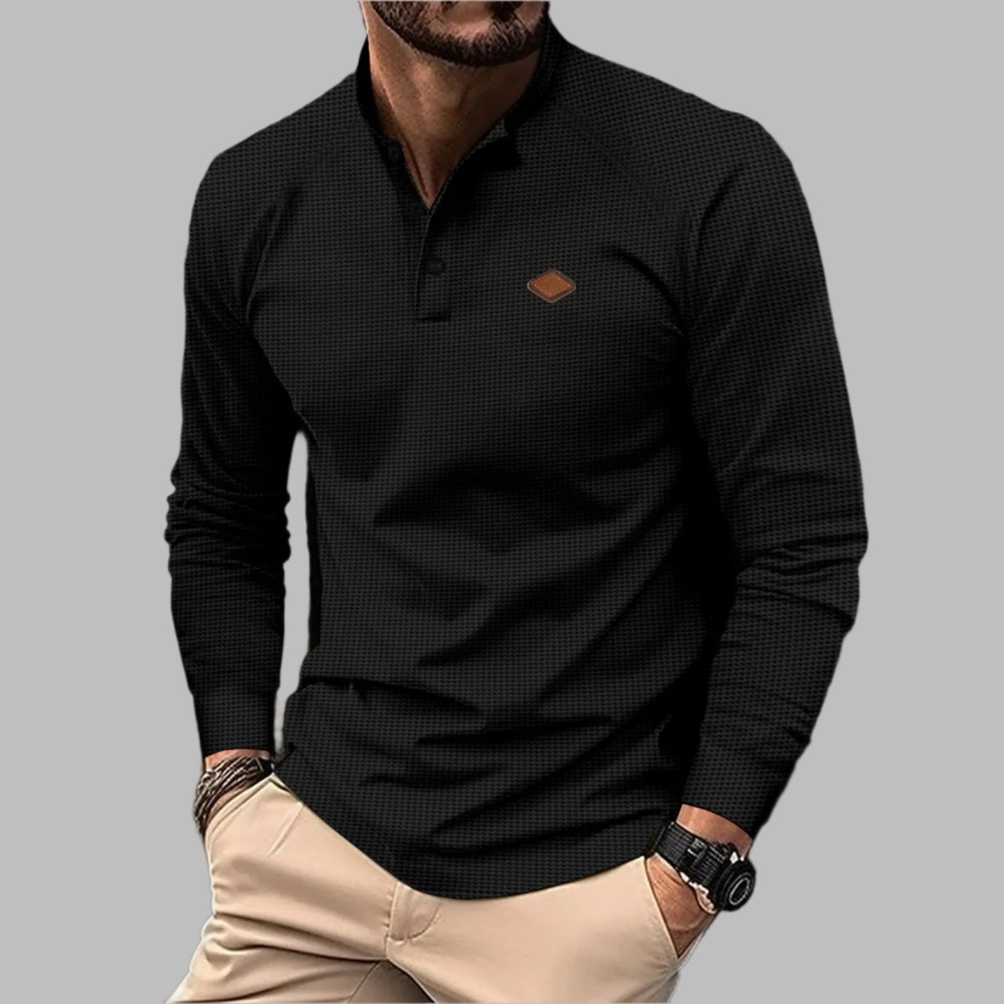 2024 Amazon Autumn Men's Cross-border New Youth Waffle Solid Color Button Lapel Long Sleeve POLO Shirt  NowoczesnyPan