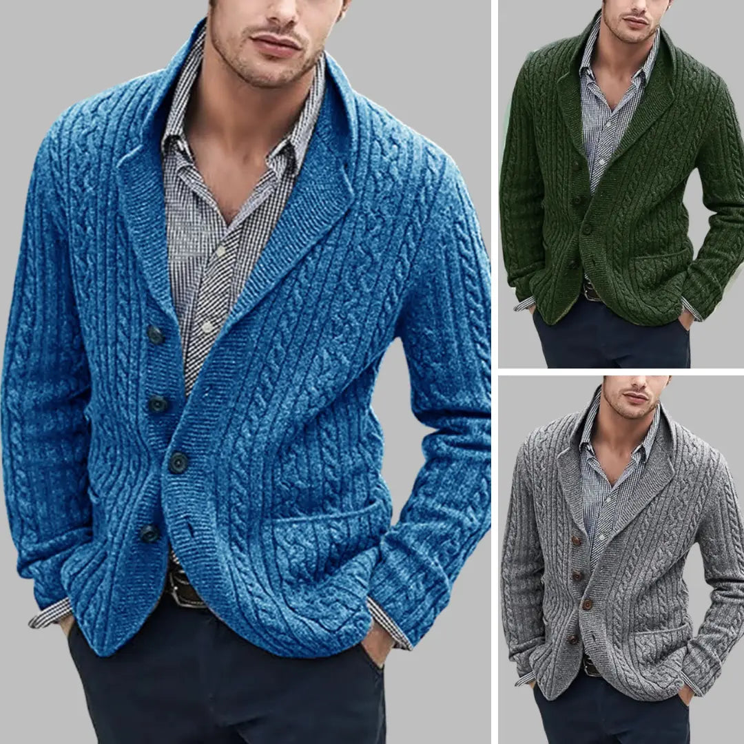 Autumn and winter new European and American men's long-sleeved knitted cardigan single-breasted pocket twisted suit collar casual men's sweater  NowoczesnyPan